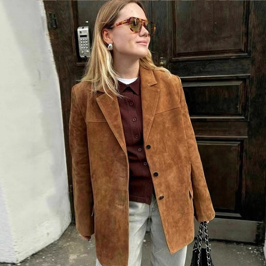 Damen klassische Blazerjacke aus weichem Material mit aufgesetzten Taschen R&B