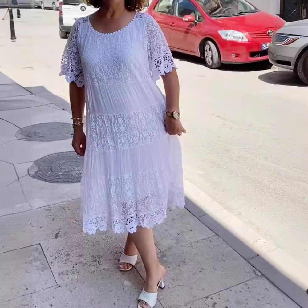 Damen nan Midikleid mit Spitzenstufen, Plissee‑Einsätzen und kurzen Trompetenärmeln R&B