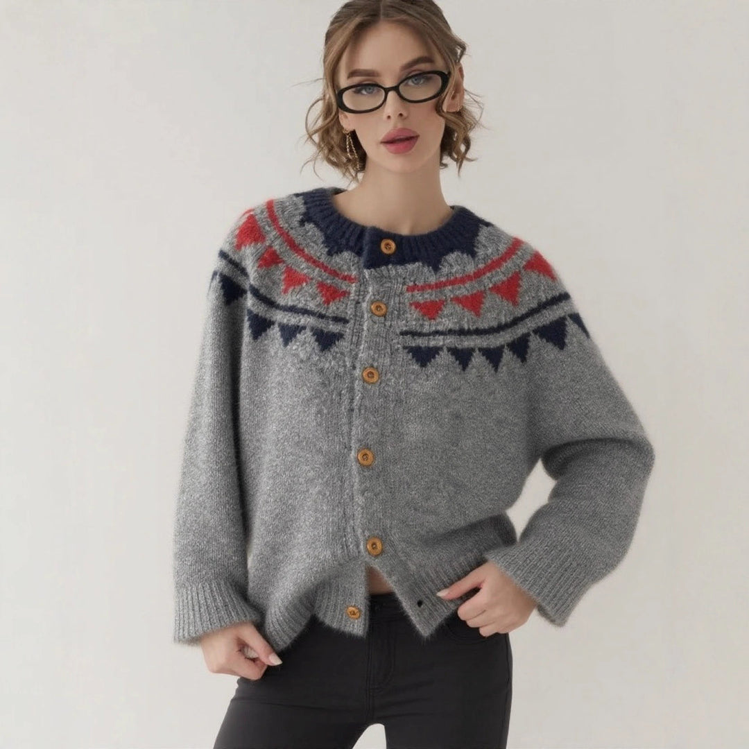 Damen kuscheliger Strickcardigan mit grafischem Norweger-Muster und Holzknopfdetails R&B