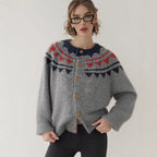 Damen kuscheliger Strickcardigan mit grafischem Norweger-Muster und Holzknopfdetails R&B