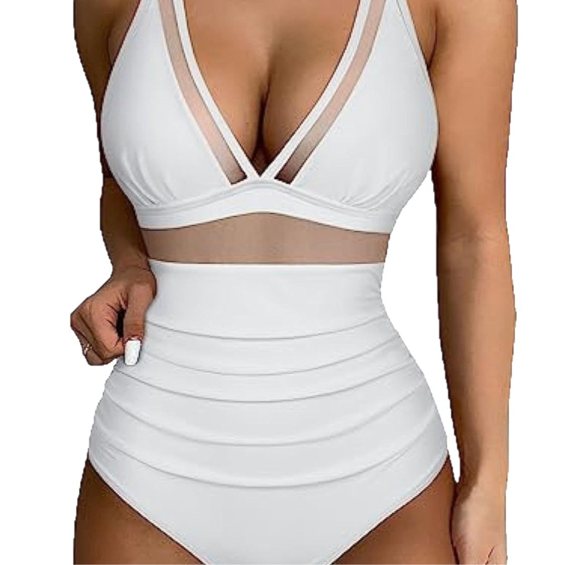 Damen Hochtaillierter Badeanzug mit transparenten Einsätzen R&B