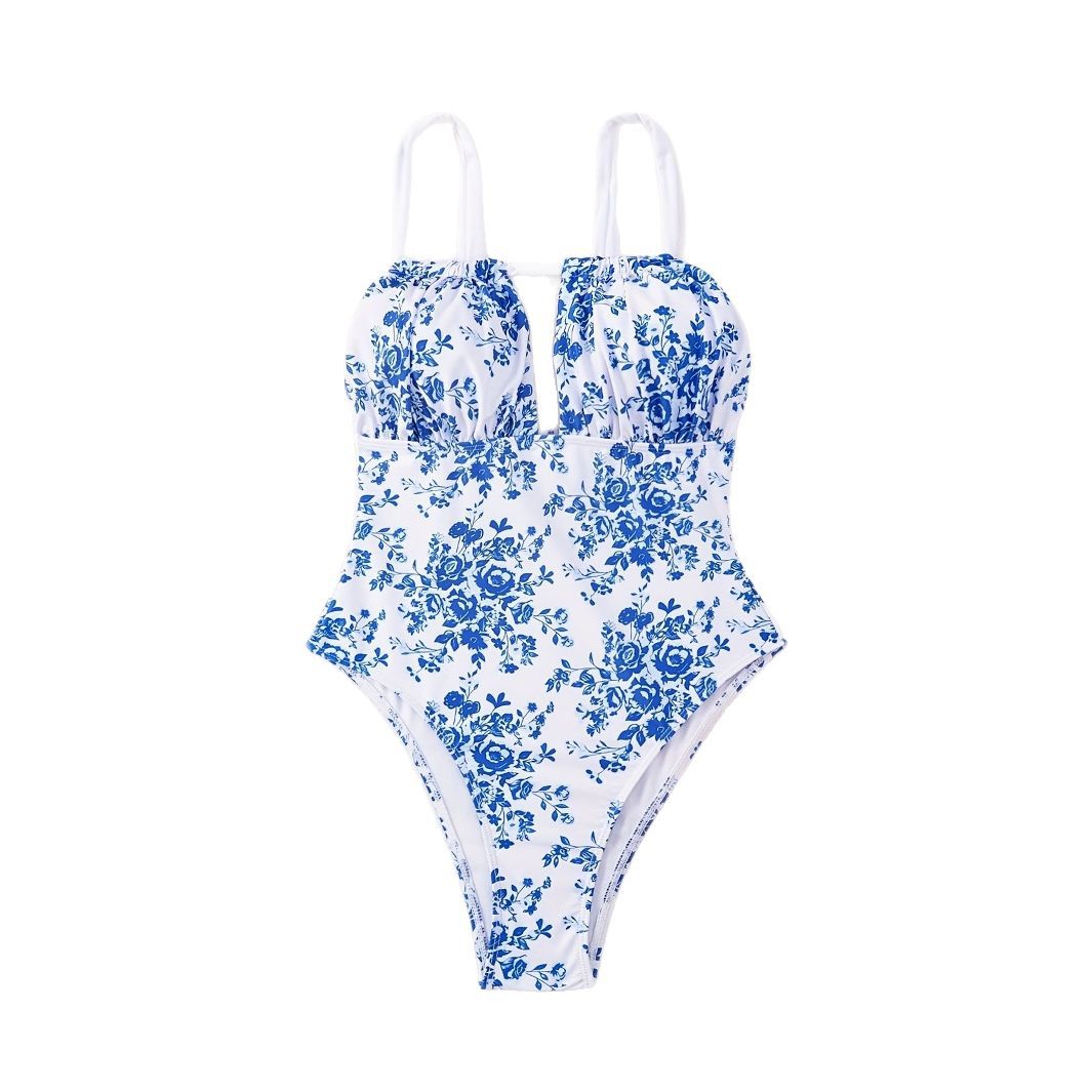 Damen Einteiliger Badeanzug mit floralem Design und tiefem V-Ausschnitt R&B