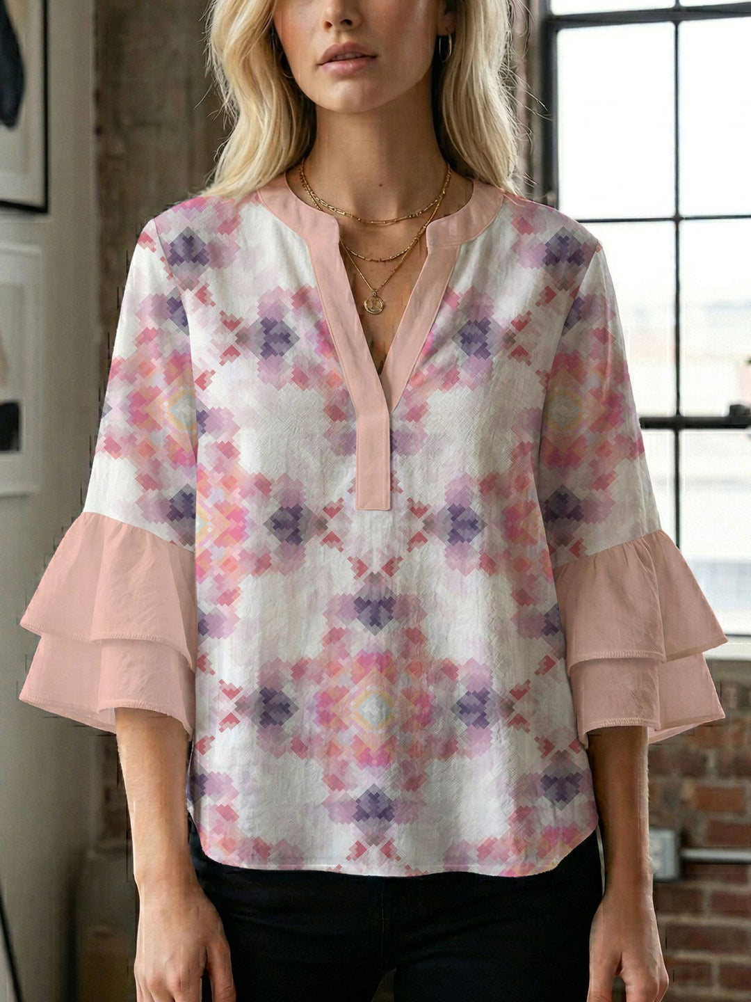 Damen Blusenshirt mit voluminösen Ärmeln und kreativem Druckdesign R&B