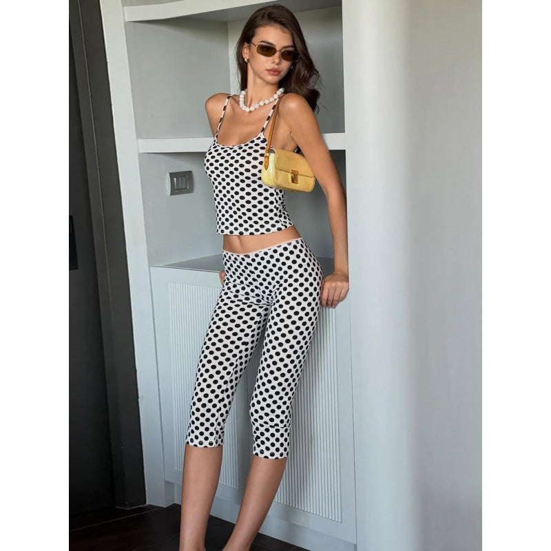 Damen modisches Polka-Dot-Outfit Set mit Crop-Top und knöchellangen Leggings R&B