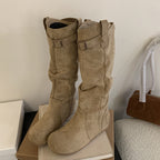 Damen Elegant gefaltete Langschaftstiefel mit modischen Schnallendetails R&B