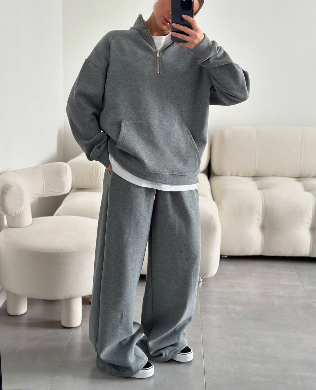 Damen gemütliches Fleece-Loungewear-Set mit hochgezogenem Kragen und lockerer Passform R&B