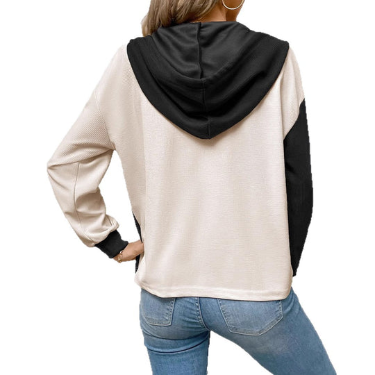 Damen nan Waffelstrick-Hoodie mit Henley-Knöpfen, Brusttasche und Kapuze R&B