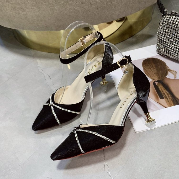 Damen elegante Ballerinas mit zierlichem Knöchelriemen und funkelndem Akzent R&B