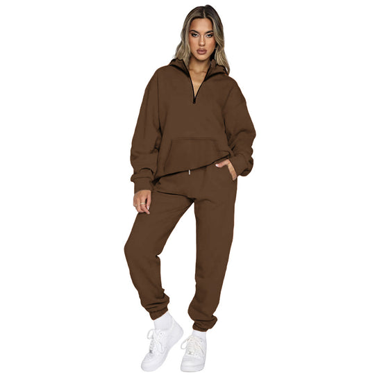 Damen gemütlicher Two-Piece Sweatsuit mit halbem Reißverschluss und praktischen Taschen R&B