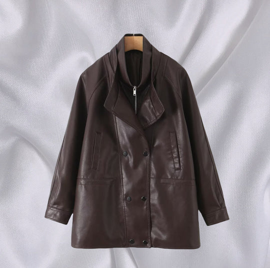 Damen Kunstlederjacke mit breitem Revers und praktischen Taschen R&B