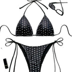 Damen Triangel-Bikini mit verspielten BindR&Bändern und elegantem Punktmuster R&B