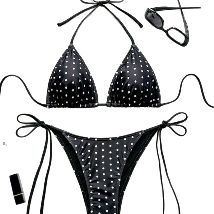 Damen Triangel-Bikini mit verspielten BindR&Bändern und elegantem Punktmuster R&B