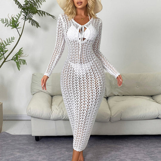 Damen Elegantes gehäkeltes Strandkleid mit tiefem V-Ausschnitt und luftiger Struktur R&B
