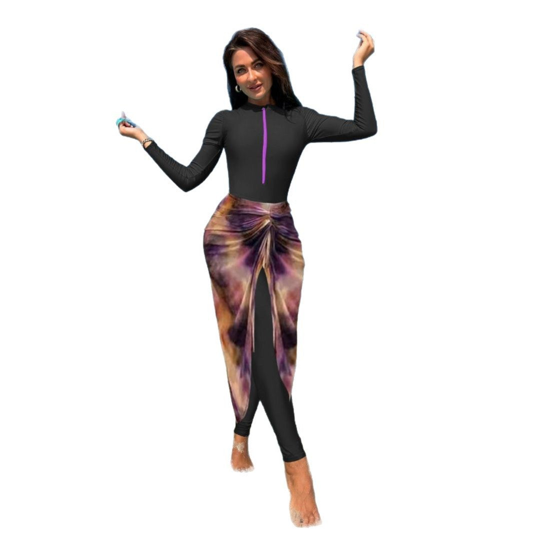 Damen Modischer UV-Schutz-Schwimmanzug mit langem Arm und asymmetrischem Rock R&B