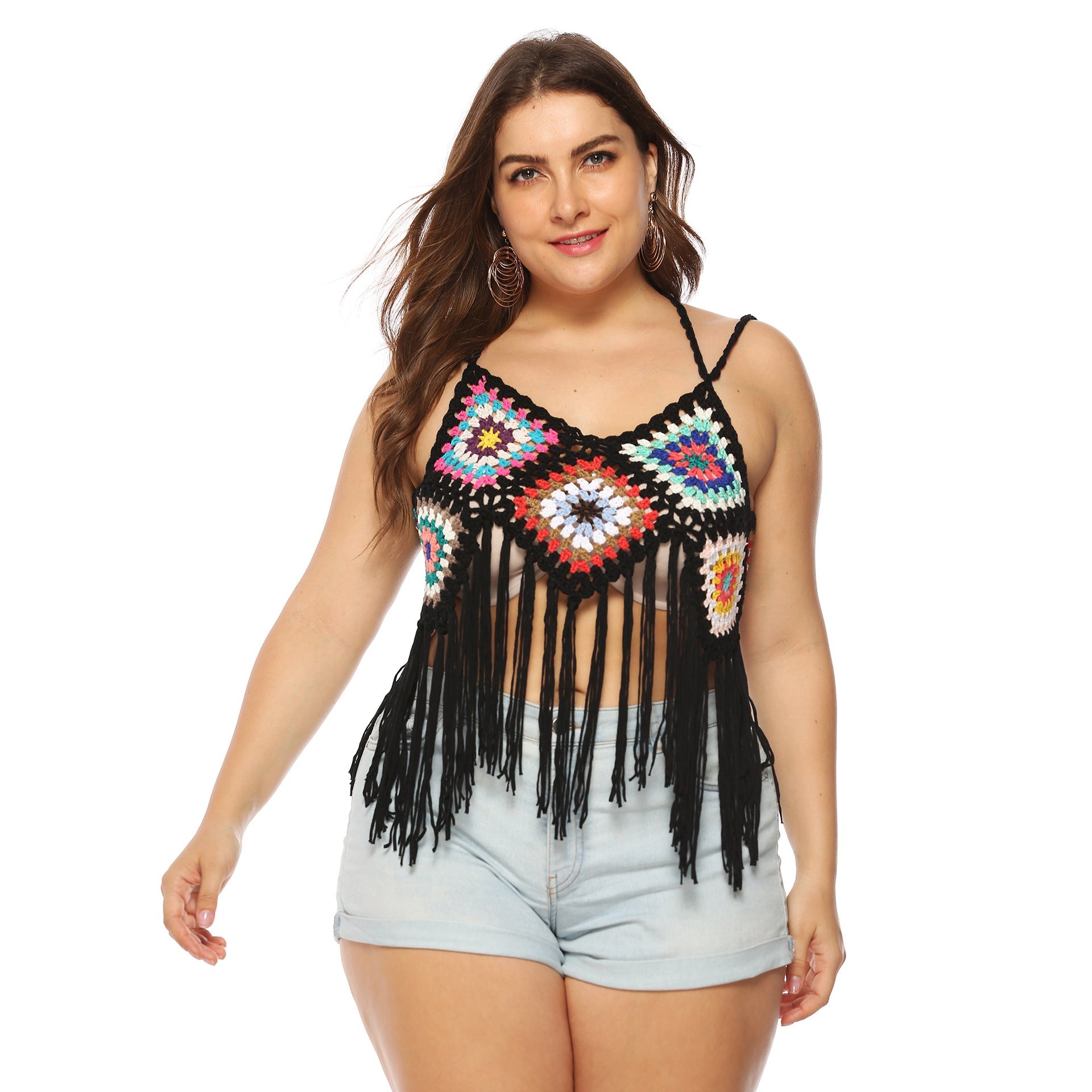 Damen gehäkeltes Crop-Top mit buntem Fransen-Design R&B