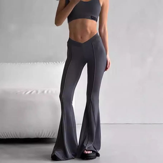 Damen Flared Hose mit V-Ausschnitt und dekorativem Nahtdesign R&B