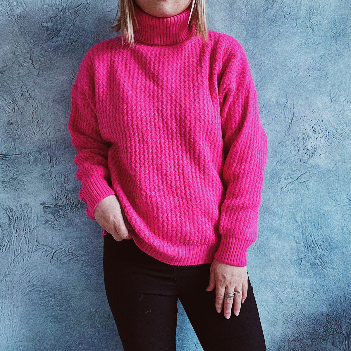 Damen Grobstrickpullover mit strukturiertem Muster und hohem Kragen R&B