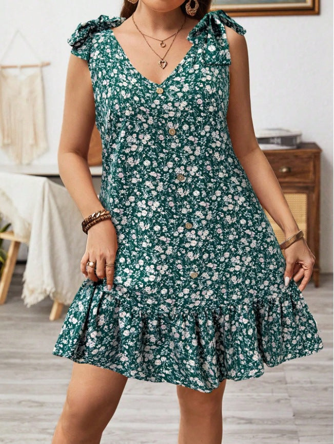 Damen kurzes Sommerkleid mit Rüschendetails und Knopfleiste R&B