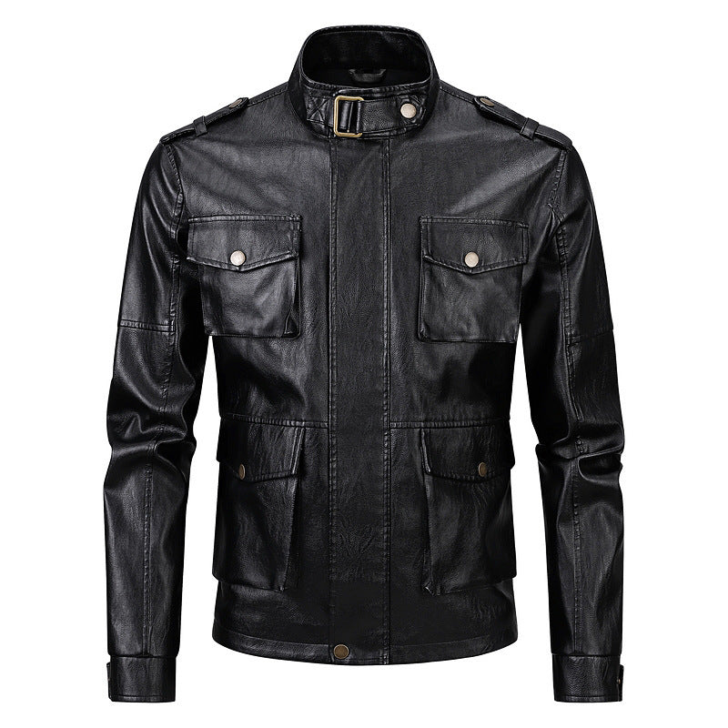 Herren Militärjacke aus Kunstleder mit praktischen Taschen und hohem Kragen R&B
