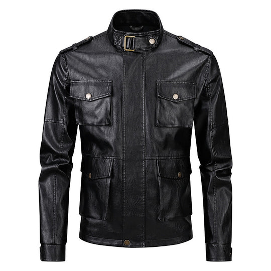 Herren Militärjacke aus Kunstleder mit praktischen Taschen und hohem Kragen R&B