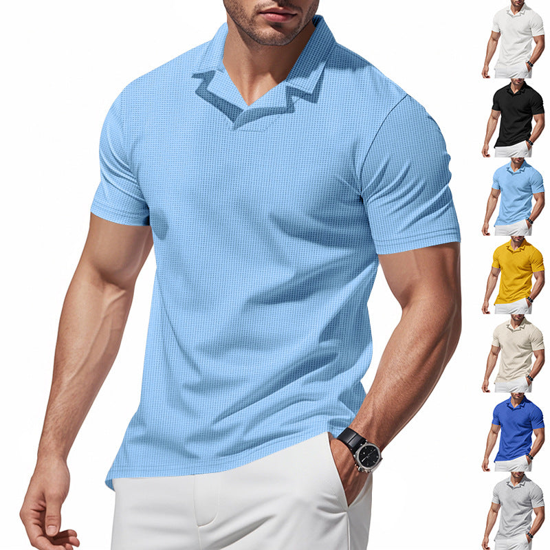 Herren nan strukturiertes Kurzarm-Polo mit offenem V-Kragen und körpernaher Passform R&B