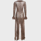 Damen Maxikleid mit Leopardenprint und gerafften Ärmeln R&B