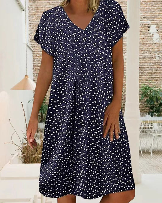 Damen nan locker fallendes V-Ausschnitt-Kurzkleid mit A-Linien-Schnitt, Cap-Ärmeln und Allover-Herzchenprint R&B