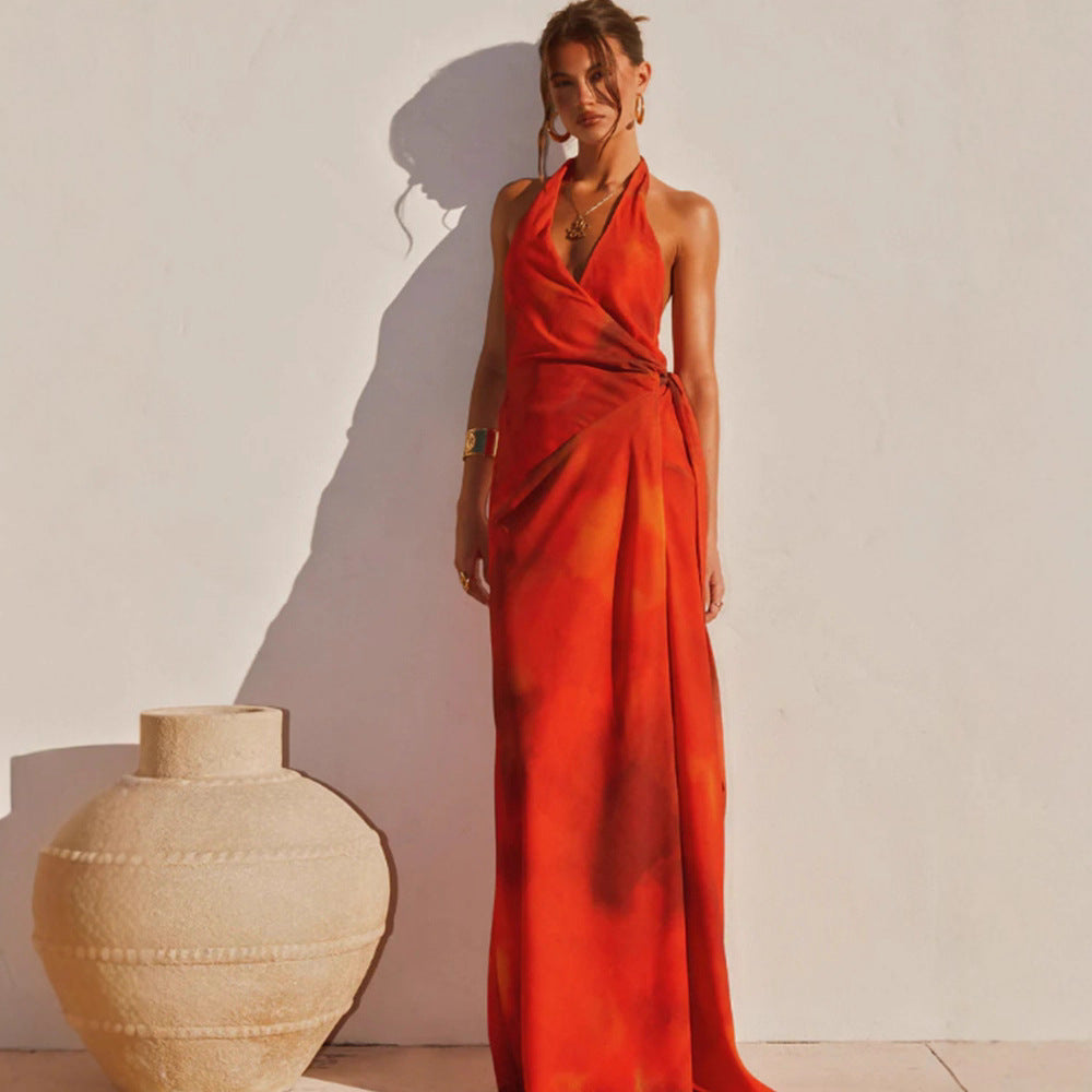 Damen Wickelmaxikleid mit tiefem V-Ausschnitt und fließendem Saum R&B