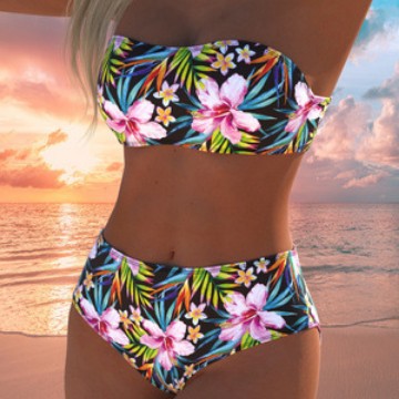 Damen Bandeau-Bikini-Set mit hochgeschnittenem Höschen und tropischem Blütenmuster R&B