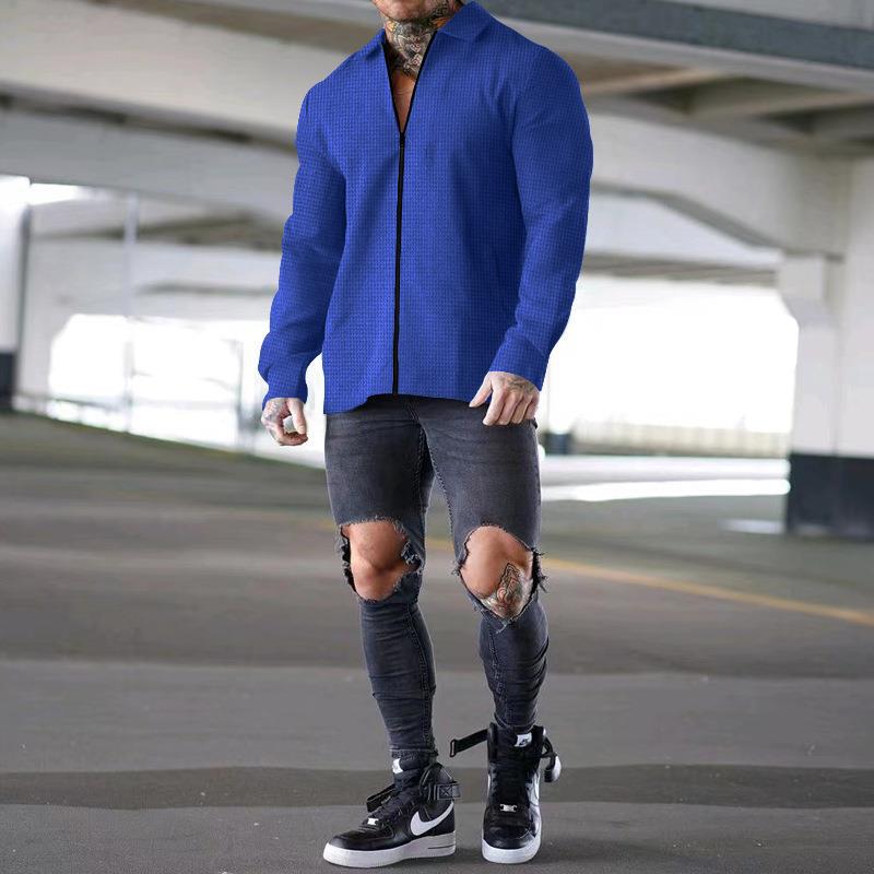 Herren lässiges Kurzarm-Hemd mit strukturiertem Design und modernem Reißverschluss R&B