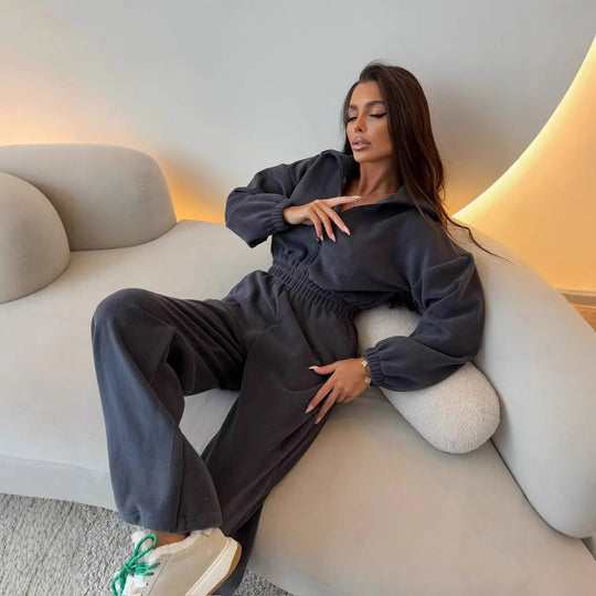 Damen lässiger Jumpsuit mit hohem Kragen und verstellbarem Bund R&B