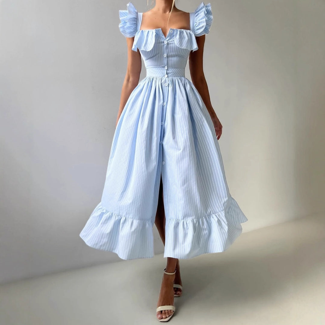 Damen Rüschensommerkleid mit Knopfdetails und weitem Rock R&B
