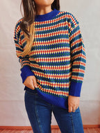 Damen lässiger Strickpullover mit buntem Rautenmuster und Rundhalsausschnitt R&B
