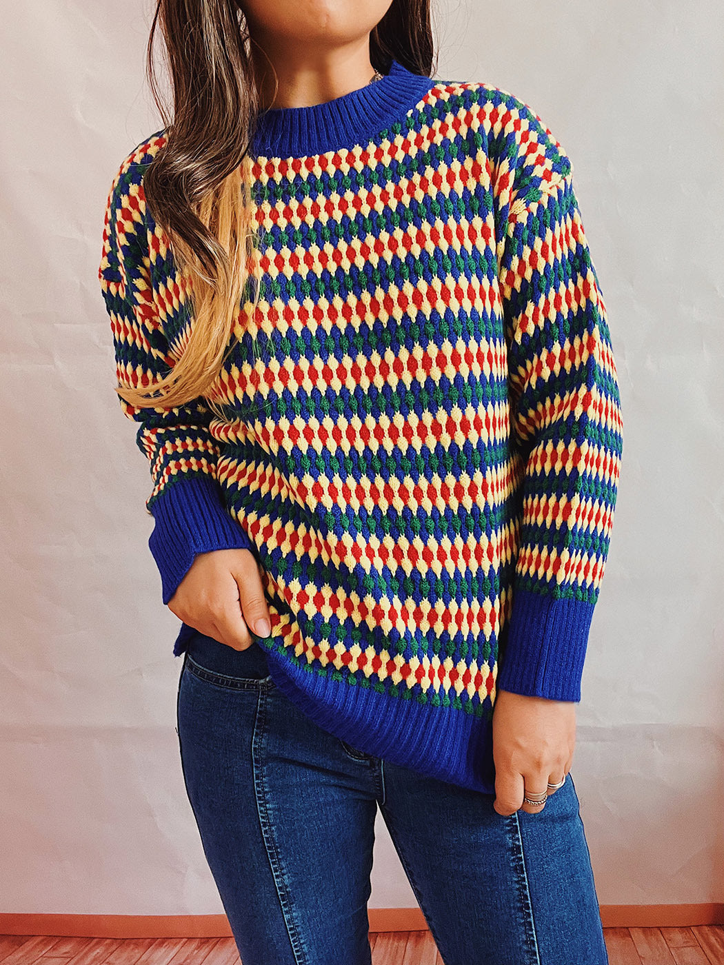 Damen lässiger Strickpullover mit buntem Rautenmuster und Rundhalsausschnitt R&B