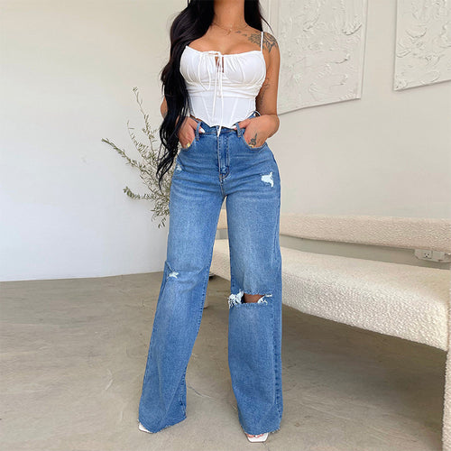 Damen Weit geschnittene Jeans mit Destroyed-Details R&B