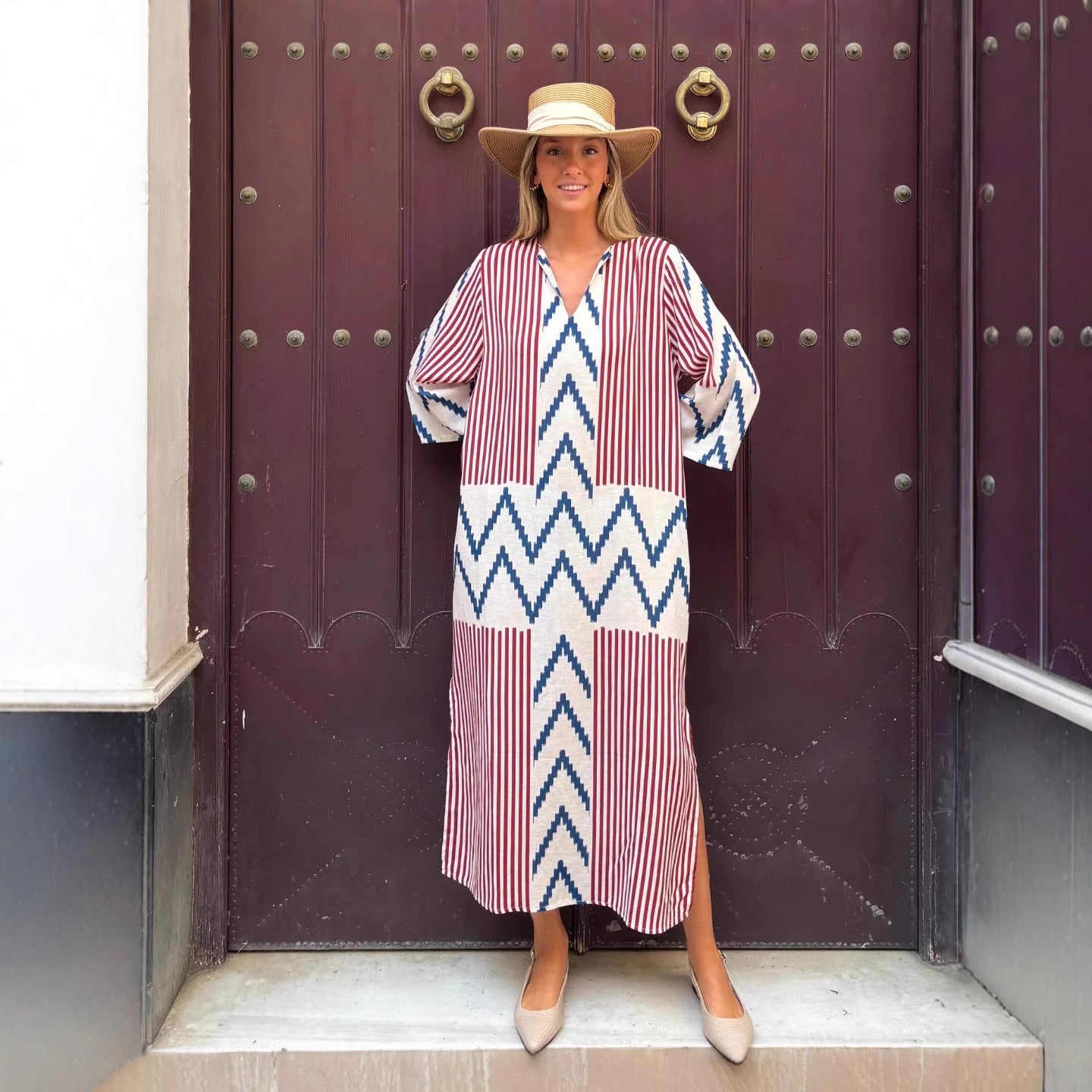 Damen Lässiges Maxikleid mit modernem Grafikdruck und seitlichen Schlitzen R&B