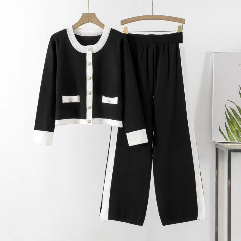Damen Strick-Loungewear-Set mit dekorativen Knöpfen und seitlichem Schlitz R&B