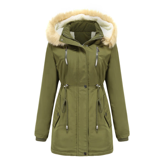 Damen modische Outdoor-Jacke mit abnehmbarem Kunstfellkragen und elastischem Taillenzug R&B