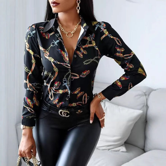 Damen Künstlerischer Druck Knopf-Up Bluse R&B