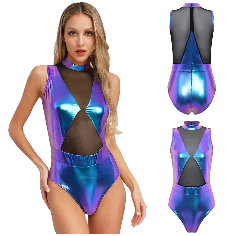 Damen Einteiler Badeanzug mit transparenten Einsätzen und schimmerndem Design R&B