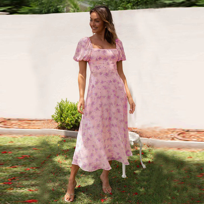 Damen Midikleid mit Puffärmeln und elegantem Blumendruck R&B