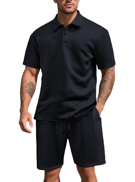 Herren nan dreidimensionales Relief-Freizeit-Set mit Polokragen, verdeckter Knopfleiste und elastischer Tunnelzugshorts R&B