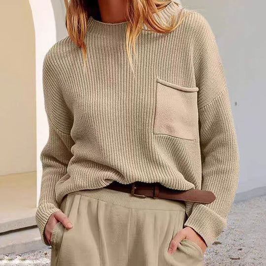Damen Strickpullover mit glänzender Struktur und praktischer Brusttasche R&B