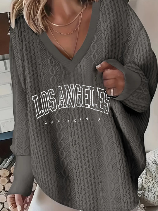 Damen nan Oversize-Zopfmuster-Strickpullover mit V-Ausschnitt und Logo-Print R&B