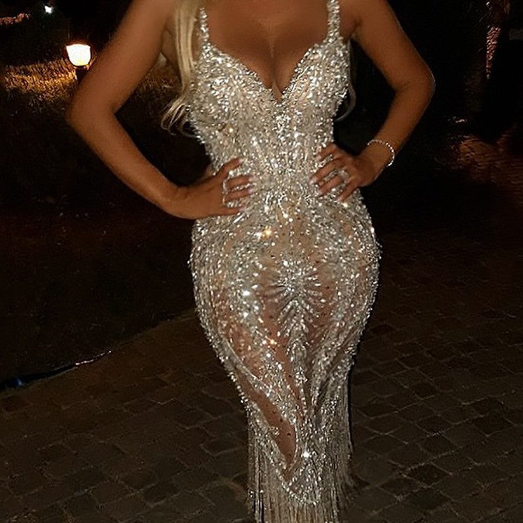Damen glamouröses Abendkleid mit funkelnden Pailletten und fransigen Details R&B