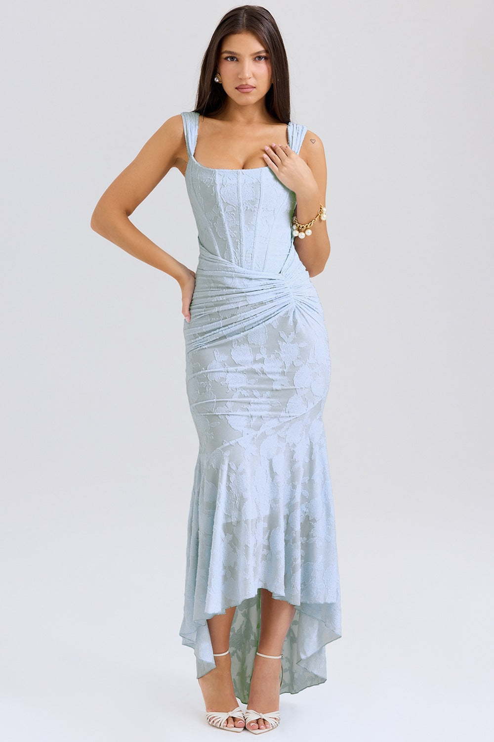 Damen Elegantes Spitzenkleid mit asymmetrischem Saum und gerafften Details R&B