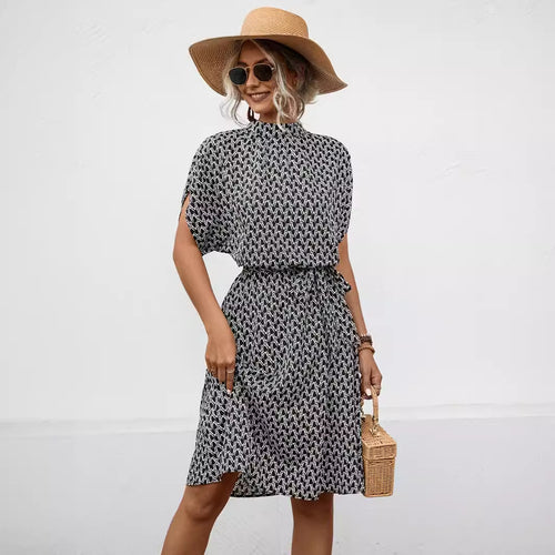 Damen Bogenmuster Kleid mit hohem Kragen und Bindegürtel R&B
