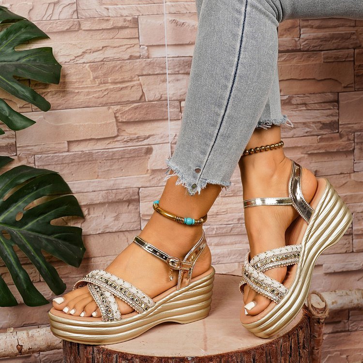 Damen Glitzernde Wedge-Sandaletten mit modischem Riemen-Design und komfortablem Fußbett R&B