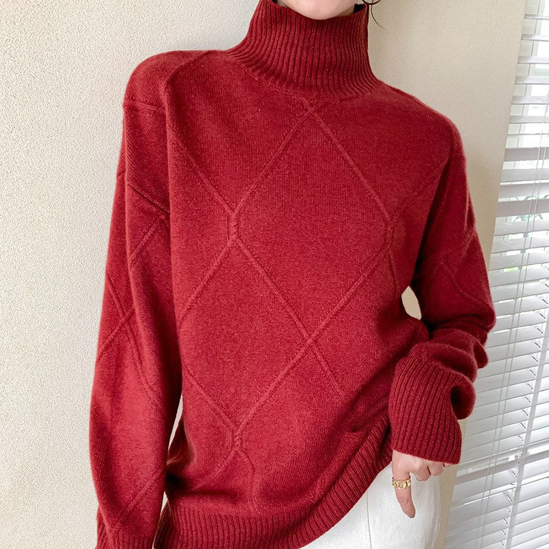 Damen Strickpullover mit hohem Kragen und Rautenmuster R&B