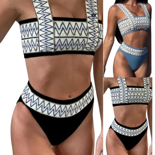 Damen Sportlicher Bikini mit breiten Trägern und geometrischem Muster R&B